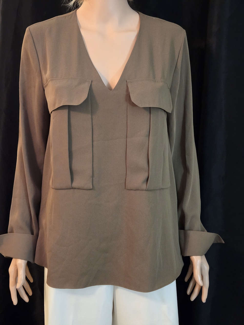 Rachel Silk  V-Neck Long Sleeve Pocket Accent Blouse